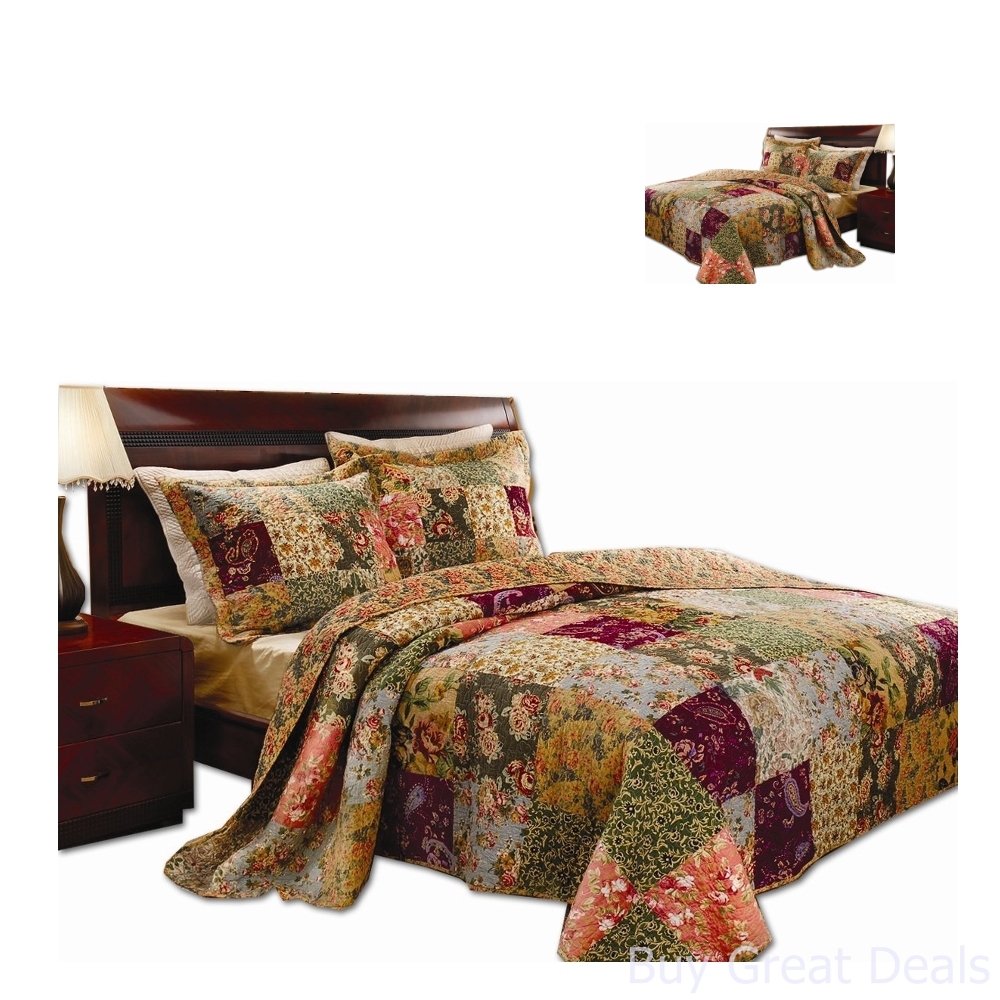 New King Size Quilt Bedding Set 3 Pc Reversible Patchwork 100 Cotton