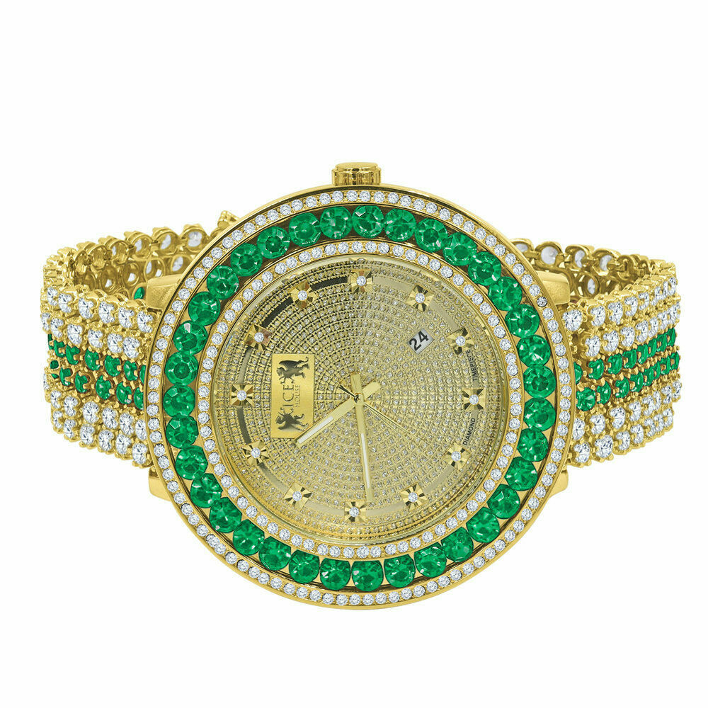 Pre-owned Ice House Real Diamond Dial 18k Yellow Gold Finish W/date Men's Custom Watch Emerald Green