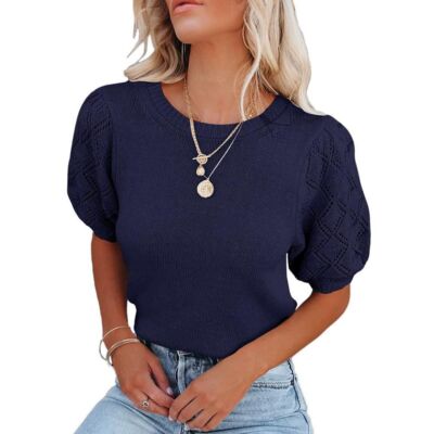 Womens Short Sleeve Lightweight Sweaters Crewneck Knit Pullover Tops with