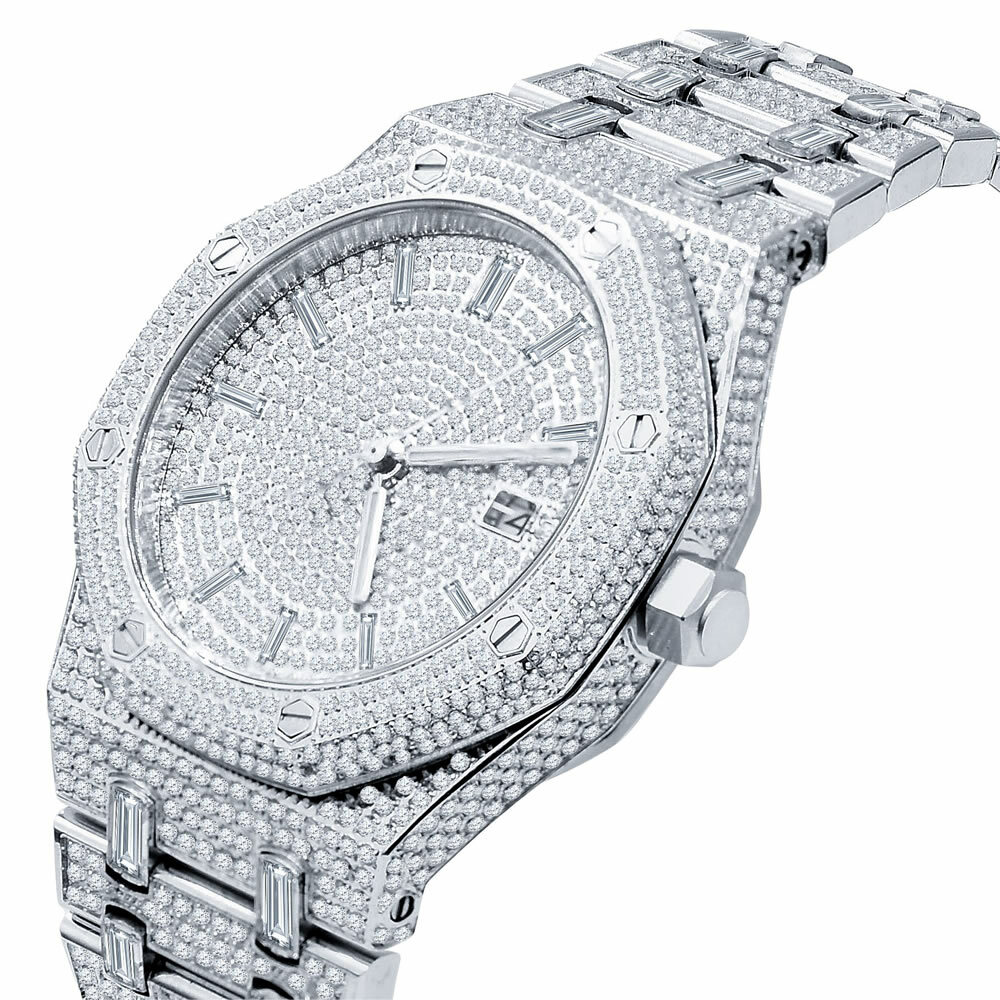 Pre-owned Bling Master Full Steel Baguette Men's White Gold Tone Finish Simulated Diamonds 42 Mm Watch