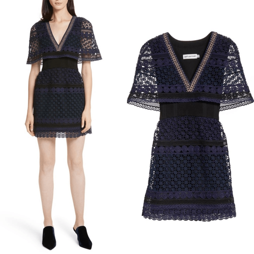 Pre-owned Self-portrait Self Portrait Guipure Cape Lace Dress In Blue In Multicolor