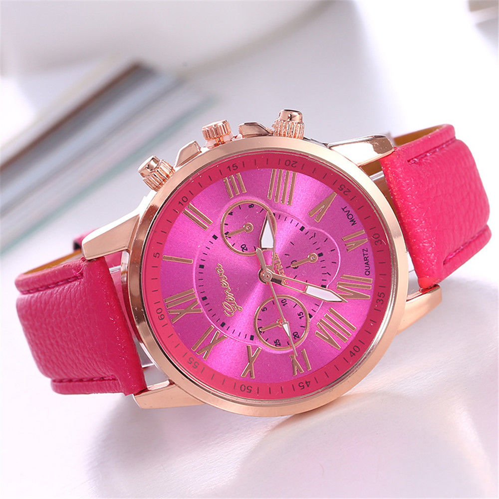 new fashion geneva women leather band stainless steel quartz analog wrist watch