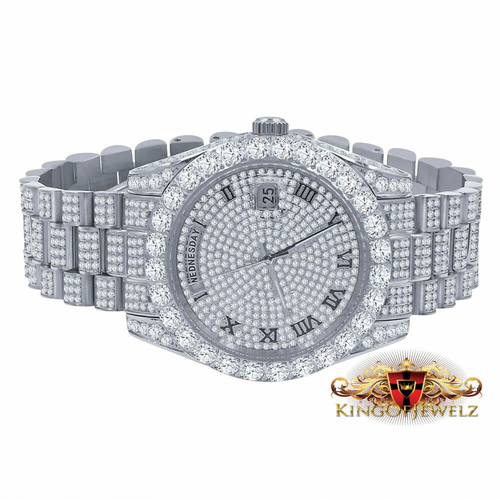 Pre-owned Bling Master 18k White Gold Finish Solid Stainless Steel Day Date Roman Dial Solitaire Bezel