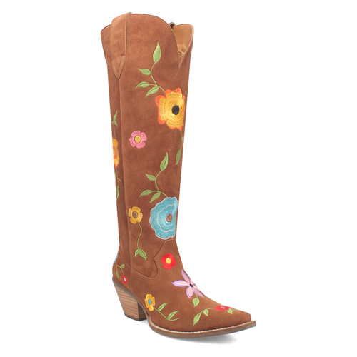 Pre-owned Dingo Flower Power Embroidered Floral Snip Toe Cowboy Womens Brown Casual Boots