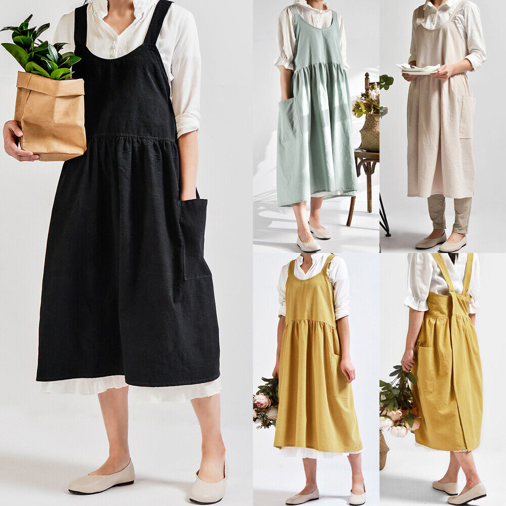Women's Cotton Linen Cross Back Apron Japanese Housework Wrap Pinafore Dress