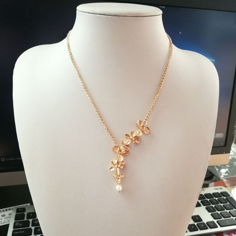 Orchid Flower with Pearl Pendant Necklaces Long Chain Collars Necklace for Women
