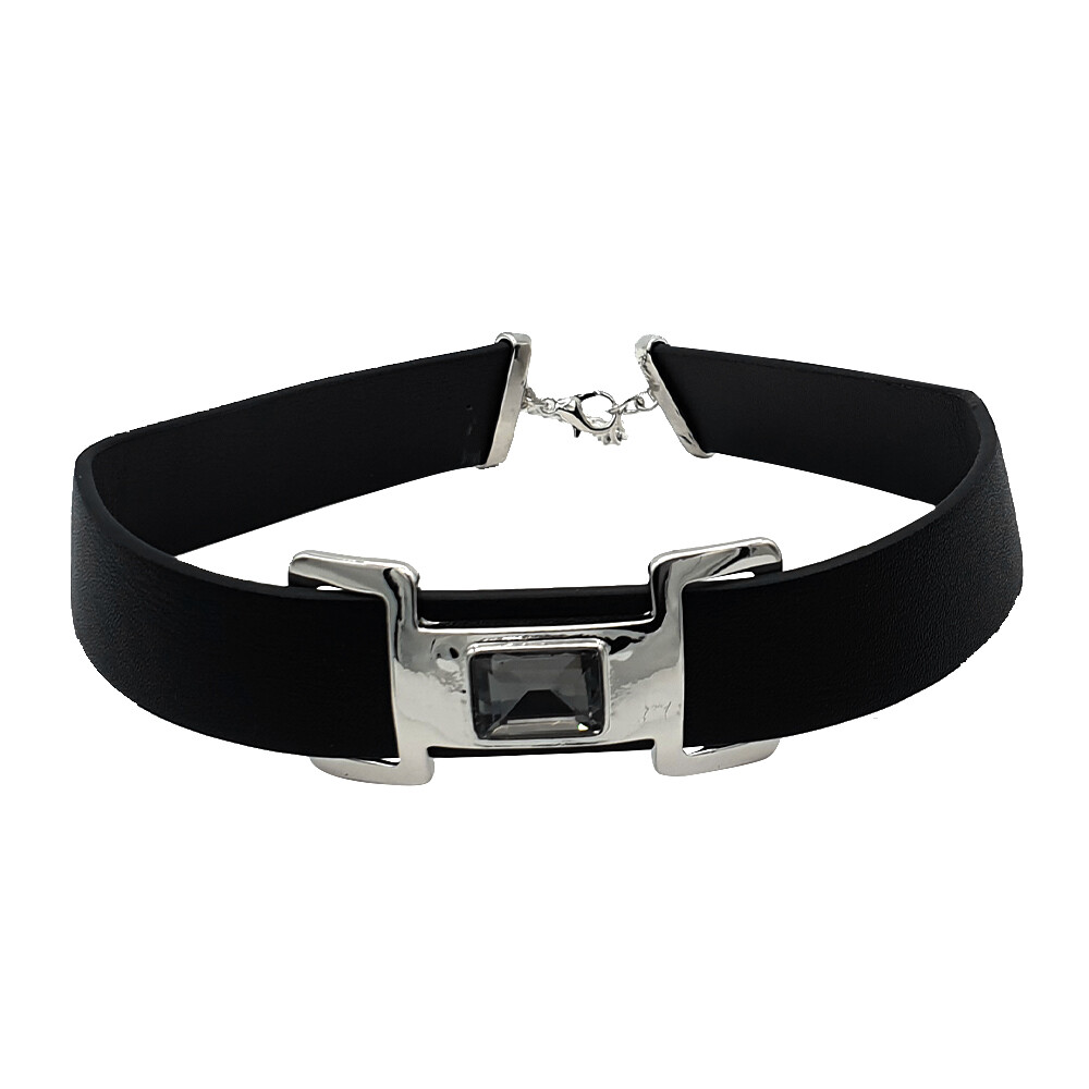 KIARA SHOES COLLAR BLACK WITH JEWEL SILVER CHOKER ADJUSTABLE 35-43 CM - ACC515 BLACK