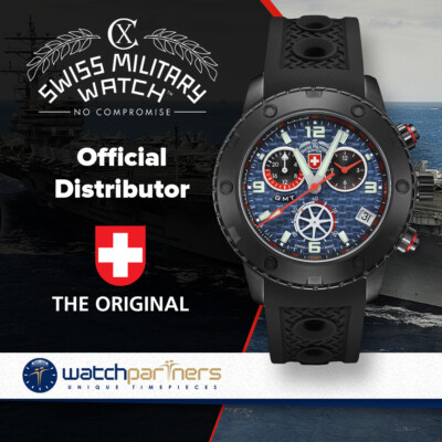 Pre-owned Cx Swiss Military Rallye Gmt Nero 44mm Dlc Case Chrono Watch Gmt Blue Dial 2752