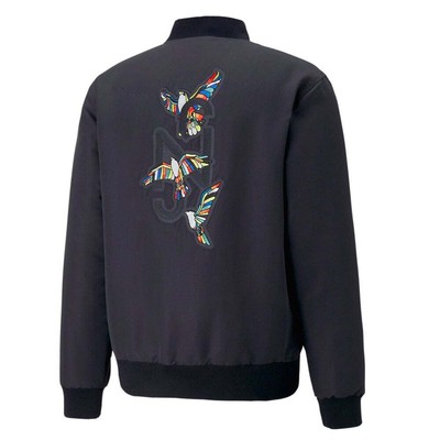 

Puma Nmj X Bomber Graphic Button Down Jacket Мужская синяя повседневная спортивная верхняя одежда, Синий, Puma Nmj X Bomber Graphic Button Down Jacket
