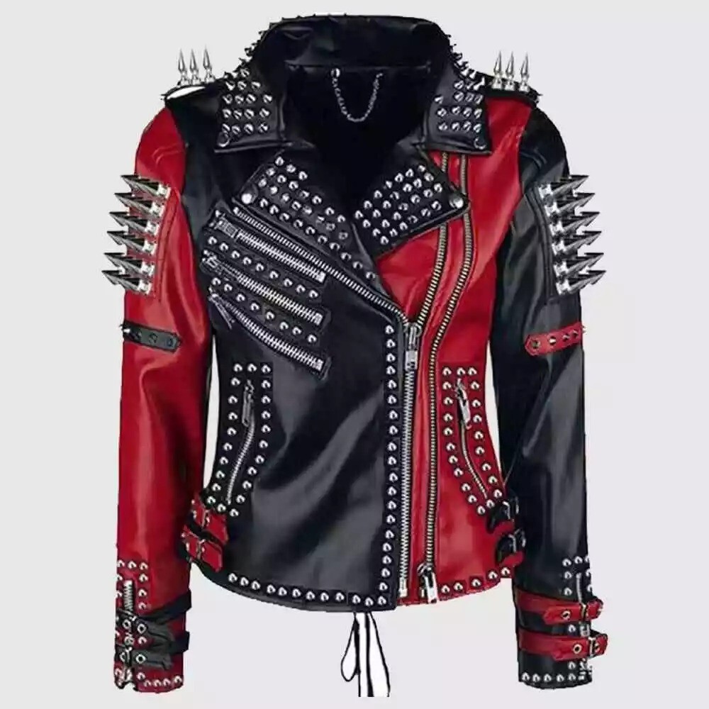 Pre-owned Black Men's Two Tone Brando  & Red Studded Punk Rock Spikes Biker Leather Jacket.