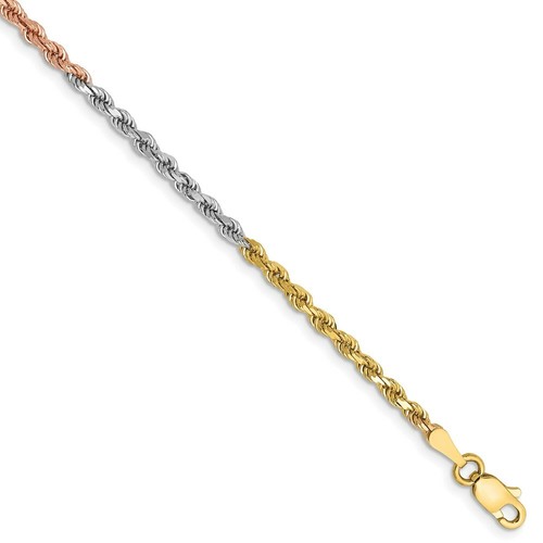 Pre-owned Roy Rose Jewelry 14k Tri-color Gold 2.5mm Diamond-cut Rope Chain Bracelet In Multi