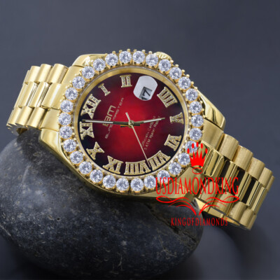 Pre-owned Bling Master Mens Full Steel Red Dial 18k Gold Tone Simulated Diamond Presidential Watch 42mm
