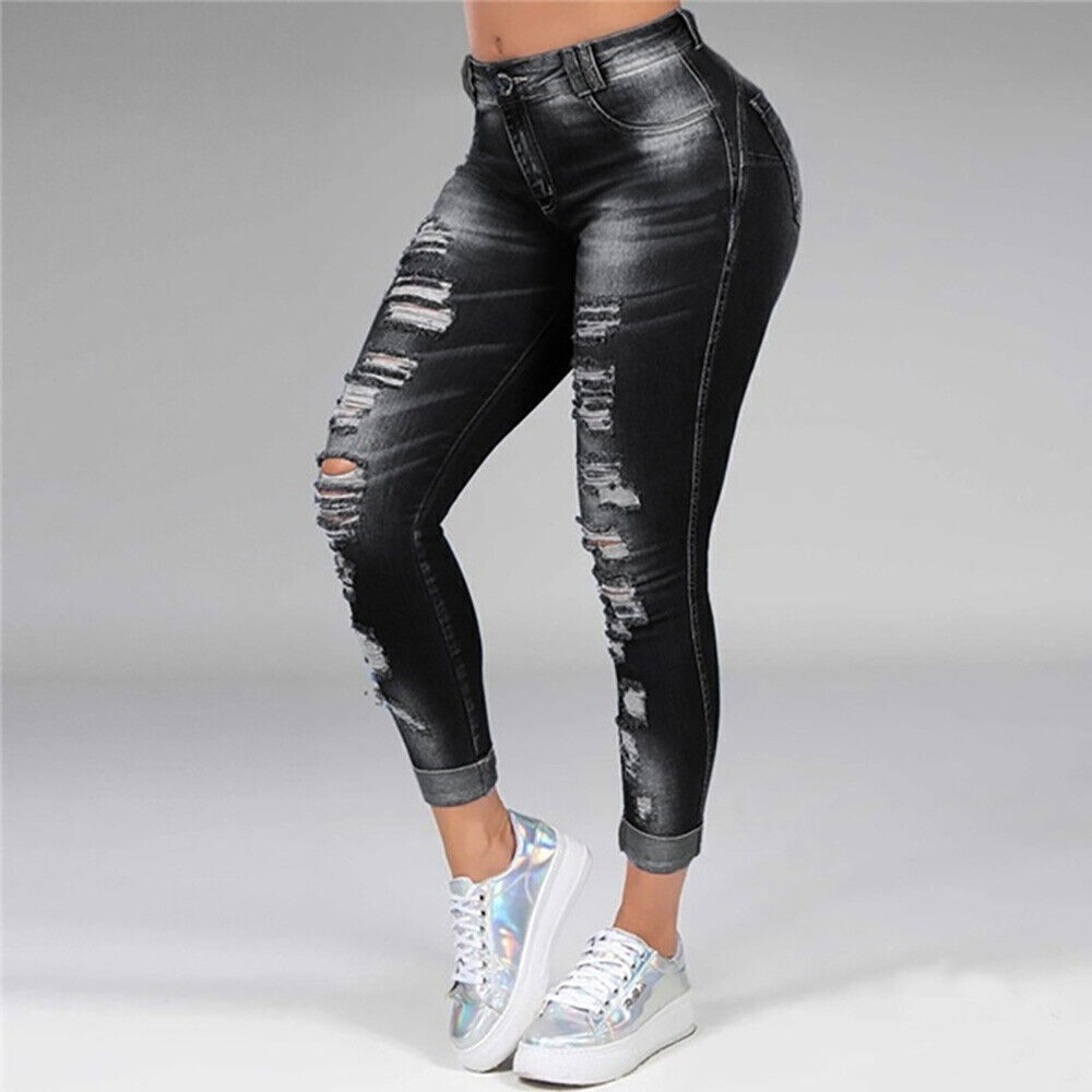 Women Denim Ripped Jeans High Waist Pencil Pants Skinny Stretchy Slim Trousers