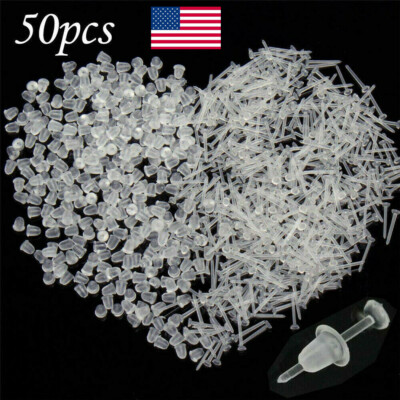 50Pcs Anti-Allergy Clear Plastic Stem Rubber Ear Studs Replacement Earring 