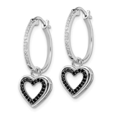 Pre-owned Diamond2deal Sterling Silver Black And White Diamond Dangle Heart Hoop Earring Gift For Women