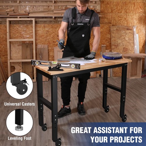 WORKPRO 48"X22" Adjustable Workbench with Leveling Foot & Wheels Rubber Wood Top