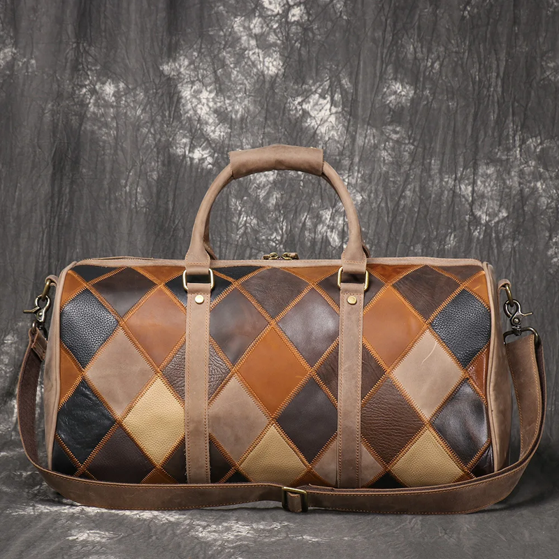 Vintage New Men'S Genuine Leather Quilted Top-Layer Cowhide Handbag Travel Bag S
