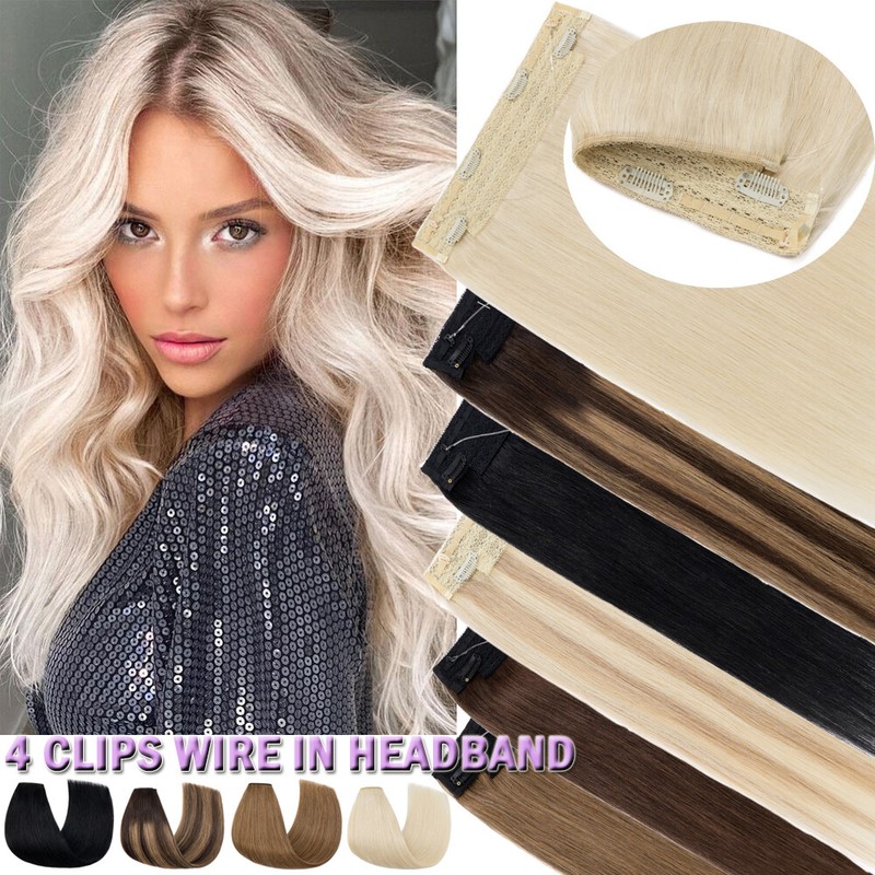 100% Human Hair Extensions Clip in Wire In Headband Remy Real Crowns Balayage US