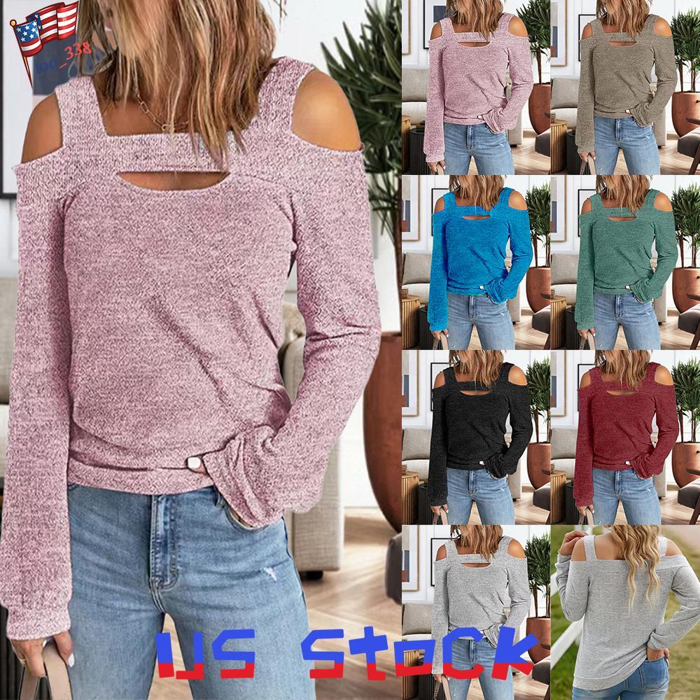 Women Sexy Cold Shoulder Long Sleeve Blouse Tops Ladies Casual Loose T-Shirt Tee
