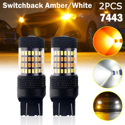 2x 7443 7444 LED White/Amber DRL Switchback Brake Stop Tail Parking Light Bulbs