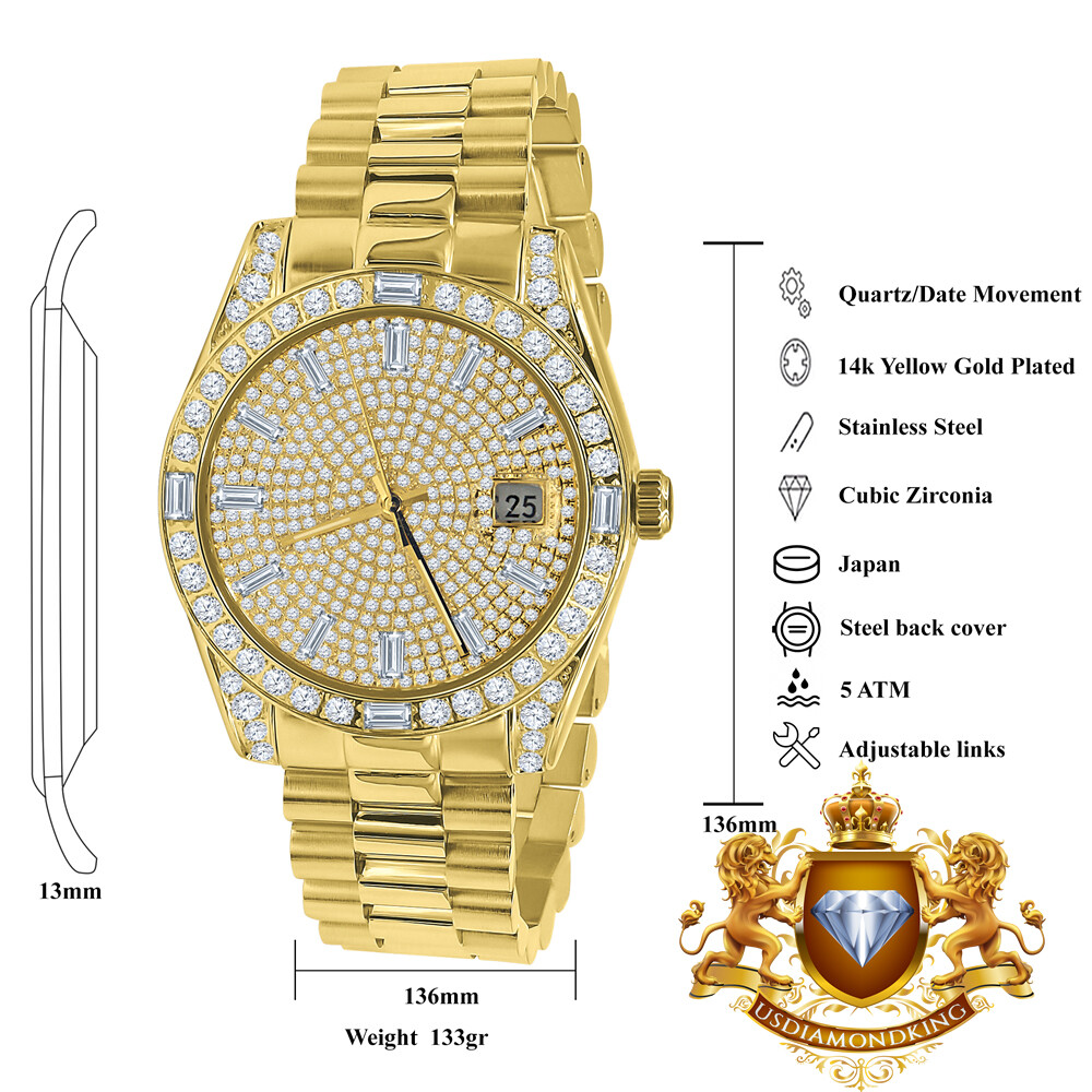 Pre-owned Bling Master 18k Yellow Gold Tone Solid Steel Baguette Simulated Diamond President Watch 40mm