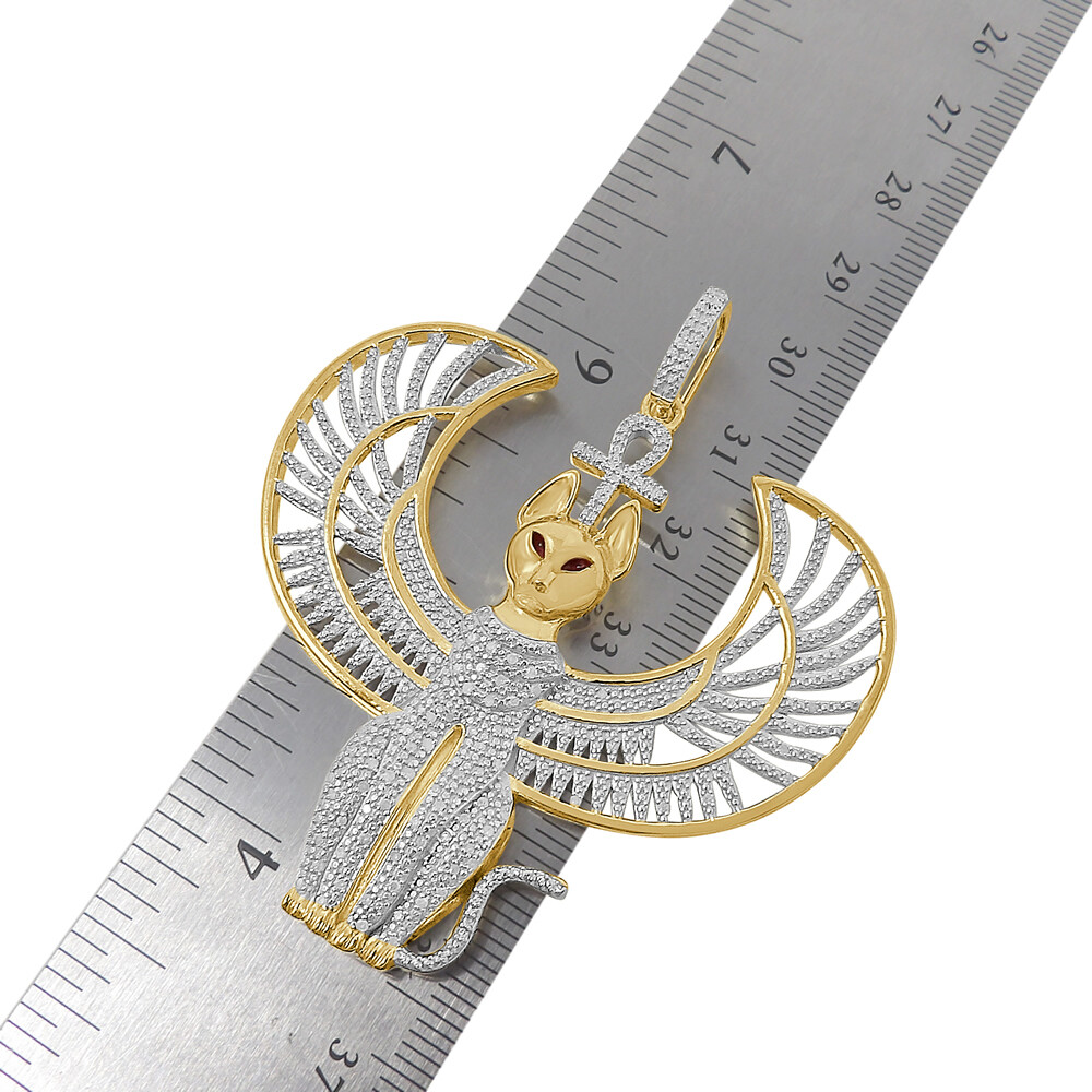 Pre-owned Us Diamond King Real Diamond Anubis Egyptian God Ankh Cross Pharaoh 10k Gold Over Charm Pendent