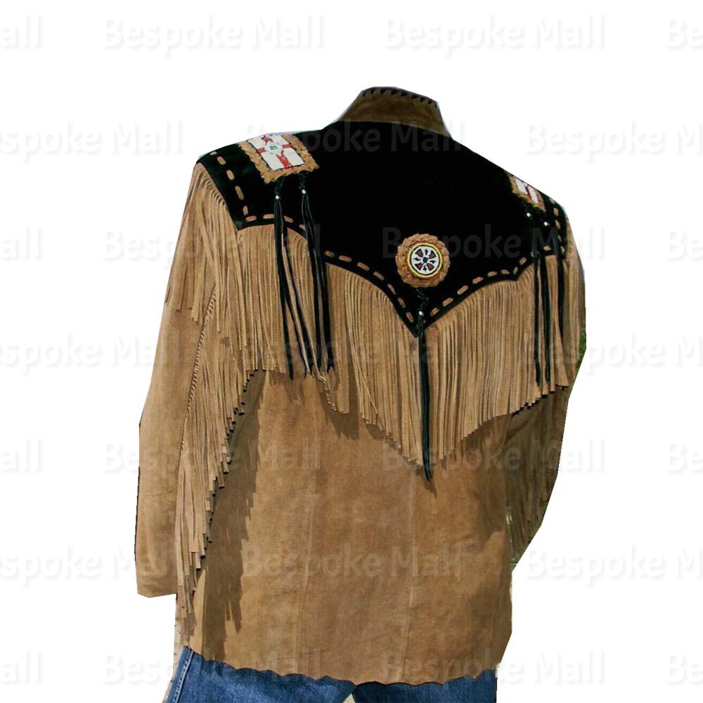 Pre-owned Handmade Men's Brown American Western Suede Leather Jacket Fringes Eagle Beads-56