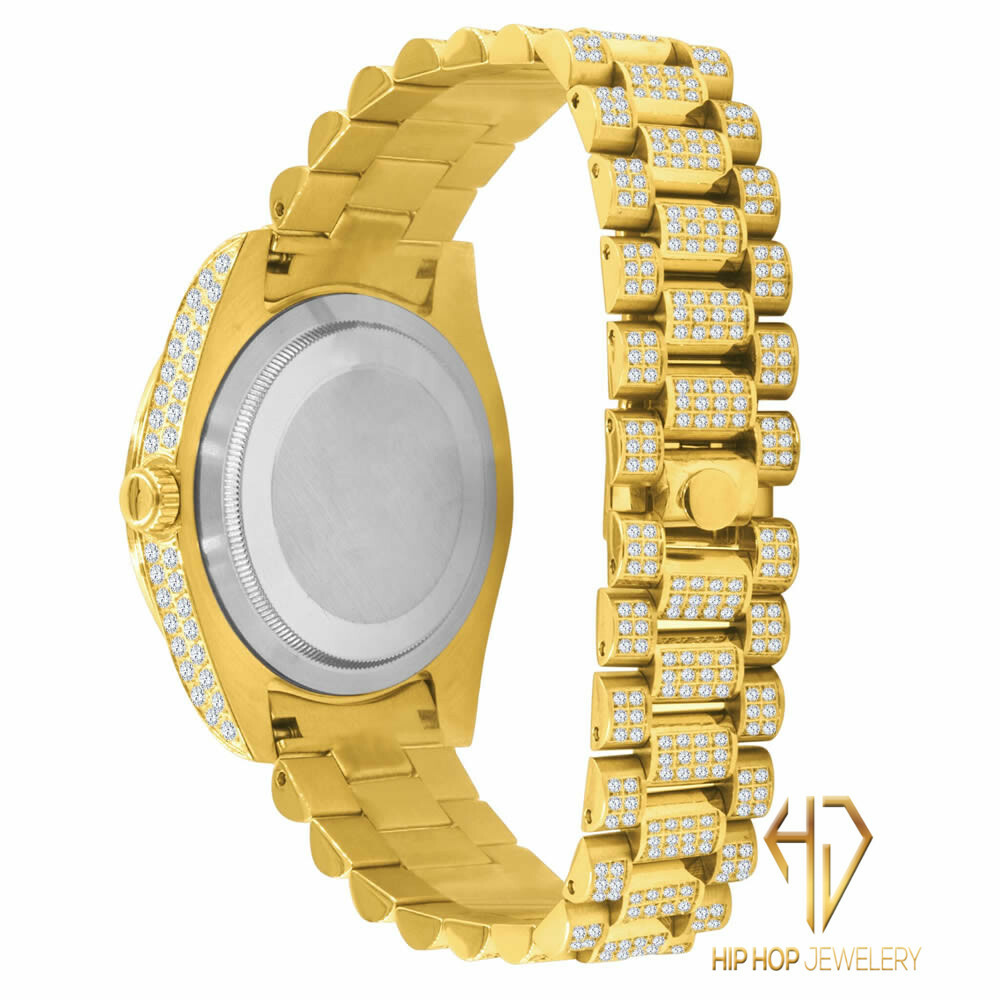 Pre-owned Bling Master 18k Yellow Gold Finish Solid Stainless Steel Day Date Roman Dial Solitaire Bezel