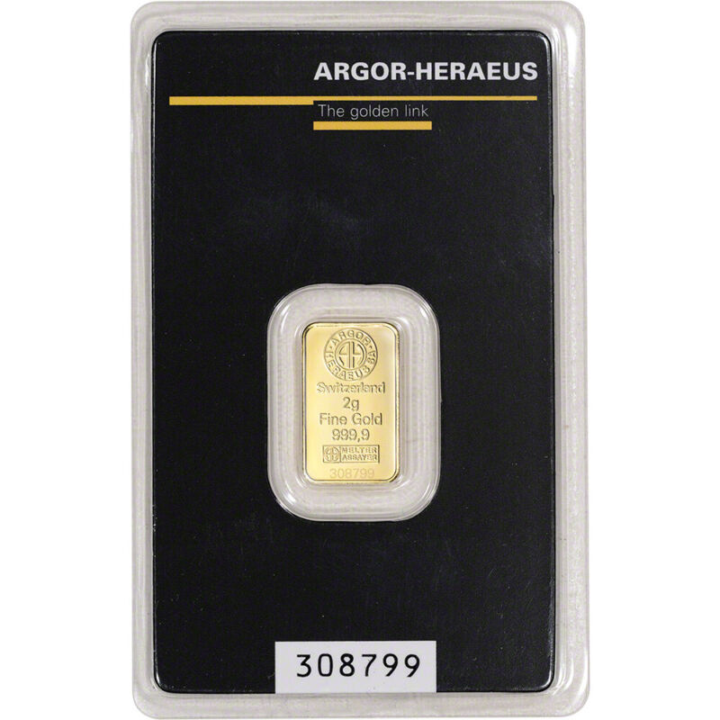 2 gram Gold Bar - Argor Heraeus - 999.9 Fine in Assay