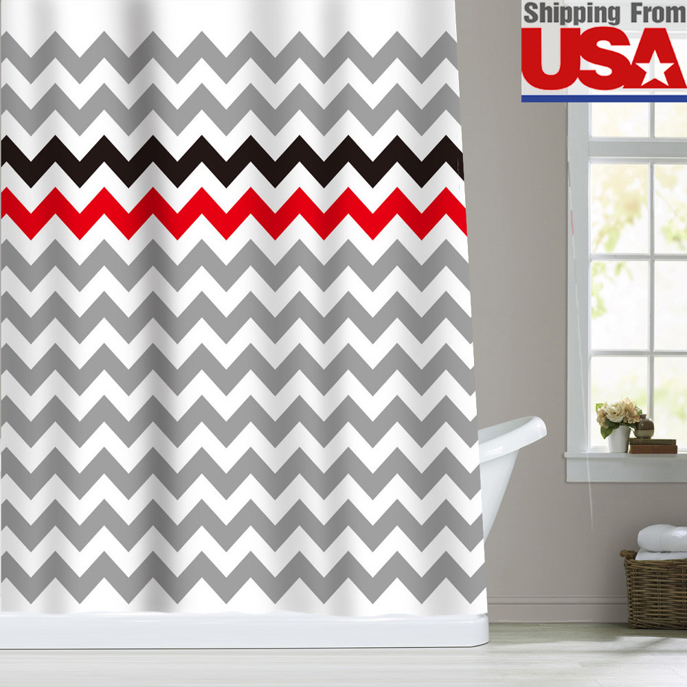 Zigzag Stripes Chevron Fabric Bathroom Shower Curtain Red Gray
