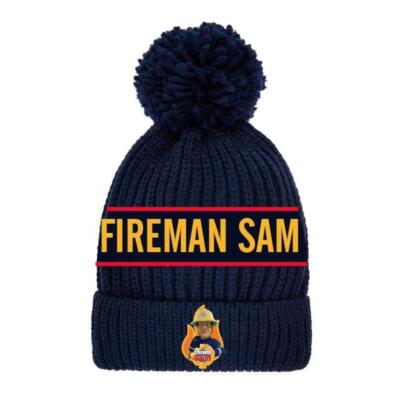 Warme Strickmütze Motiv Feuerwehmann SAM mit Bommel, Logo und Schriftzug