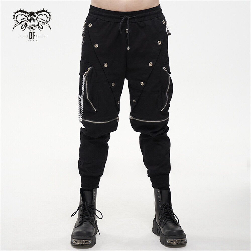 Devil Fashion Men's Cargo Trousers Stainless Steel Chain Decoration Casual Pants