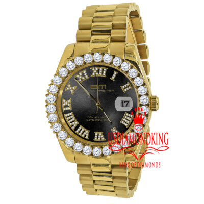 Pre-owned Bling Master Mens Solid Steel Black Dial 18k Gold Simulated Diamonds Presidential Watch 42mm