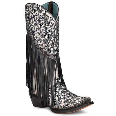 Pre-owned Corral Boots Crater Fringe And Tooledinlay Snip Toe Cowboy Womens Black Casual