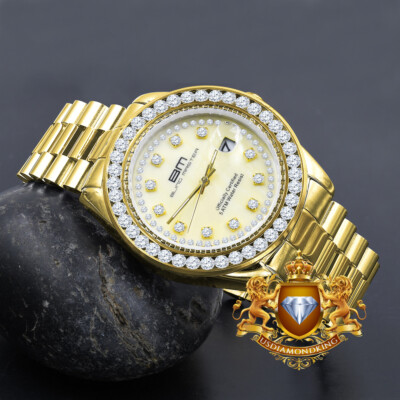 Pre-owned Usdiamondking Mens Stainless Steel Solitaire 18k Yellow Gold Tone Simulated Diamond 41mm Watch