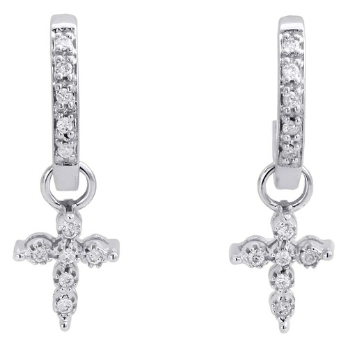 Pre-owned Jfl Diamonds & Timepieces 10k White Gold Round Diamond Dangling Cross Hoops Ladies Huggie Earrings 1/10 Ct