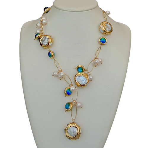 Freshwater Cultured White Keshi Pearl Blue Murano Glass Necklace 21"