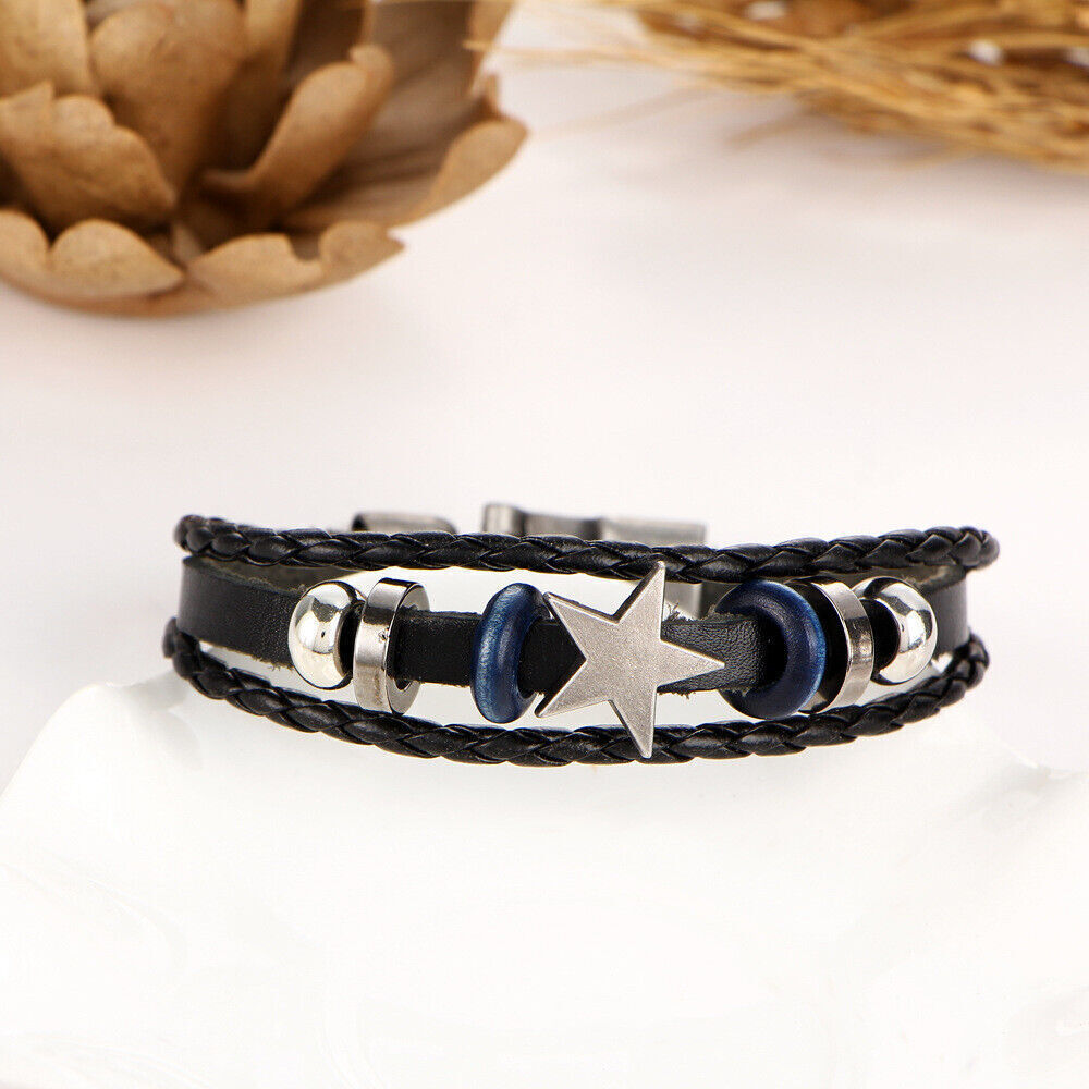 Mens Womens Braided Leather Bracelet Stainless Steel Clasp Wristband Jewelry Set