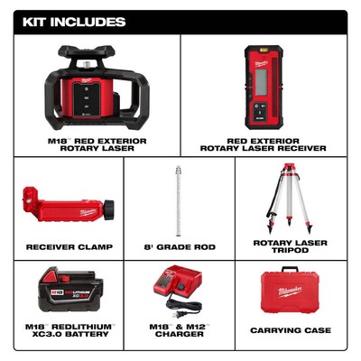 Milwaukee 3701-21T M18 18V Red Rotary Laser Kit w/ Receiver, Tripod, & Grade Rod