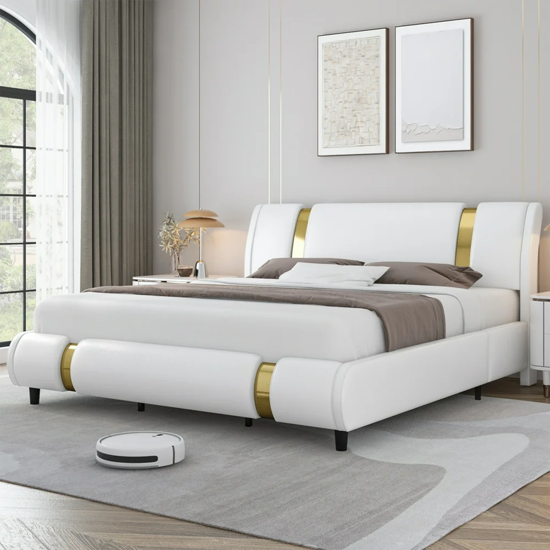 Upholstered Platform Bed Frame Faux Leather Curved Headboard Wooden Slat King