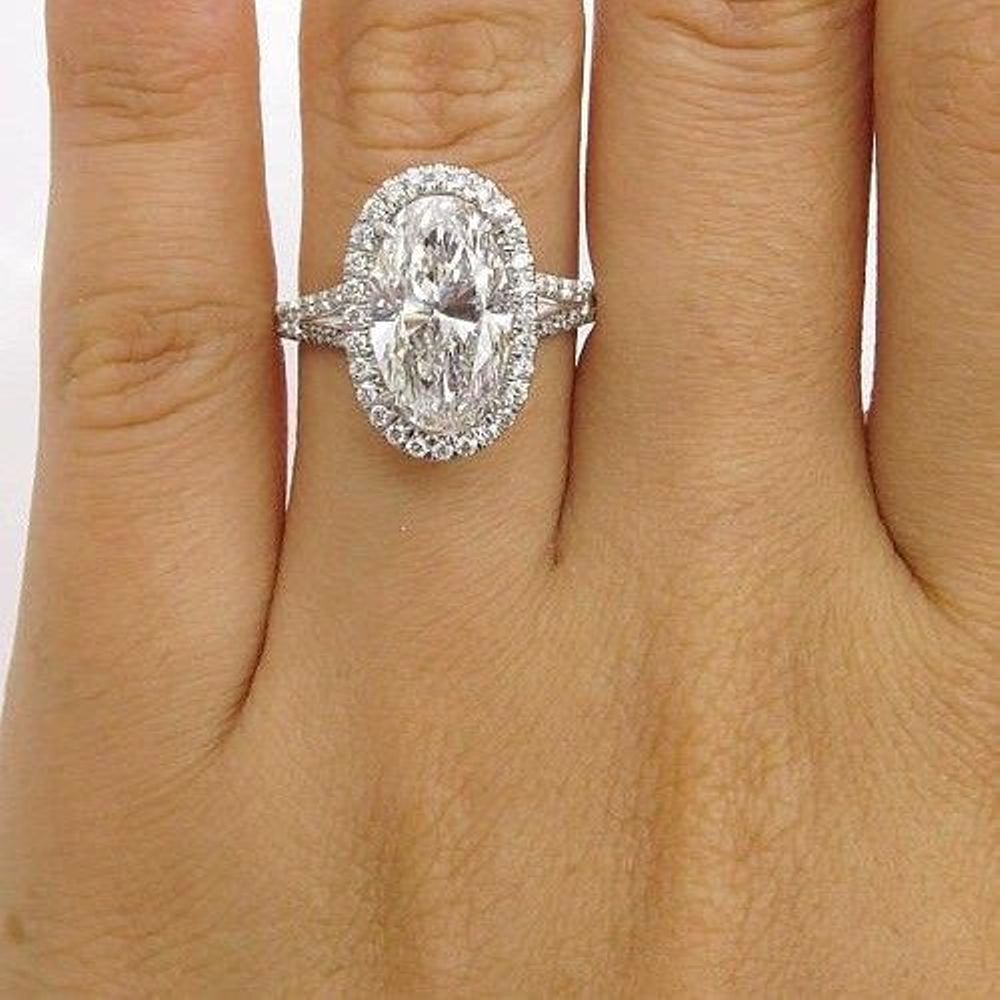 4Ct Lovely Oval Moissanite Halo Promise Engagement Ring Real 14K White Gold