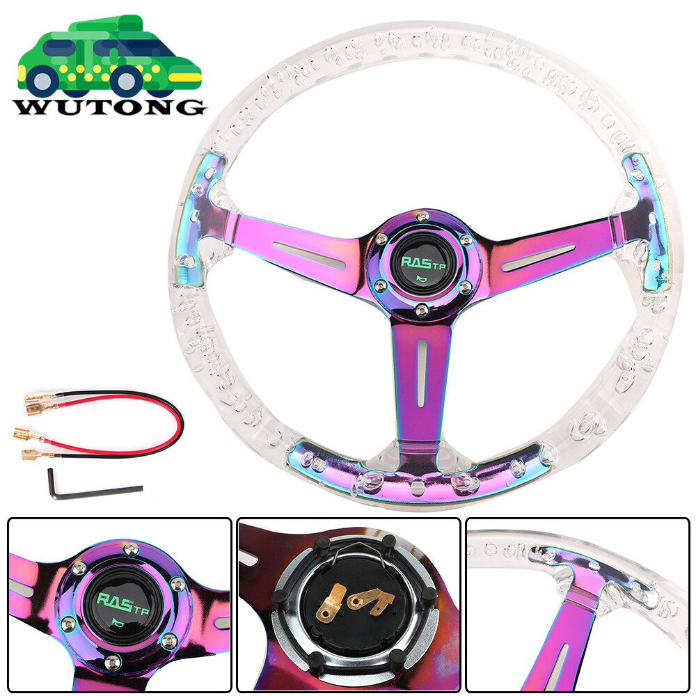 14" Crystal Steering Wheel Clear 6-Holes 350mm Bubble Neo Spoke Deep Dish Racing