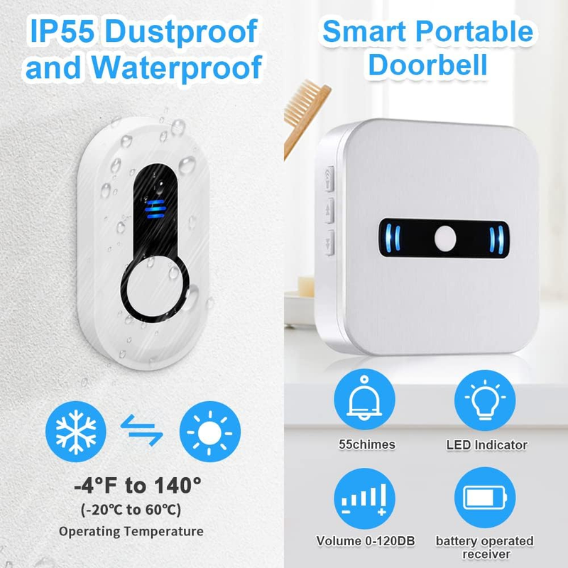 Wireless Doorbell Battery Operated Door Bell Chime with 1 Portable Battery Power