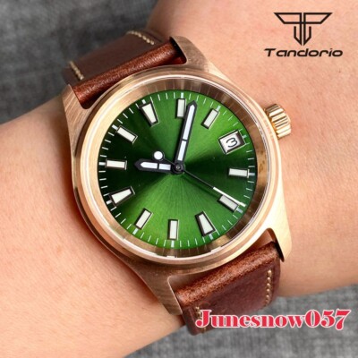 Tandorio 36MM CUSN8 Solid Bronze Case NH35 Movement Men Watch Green SunburstDial