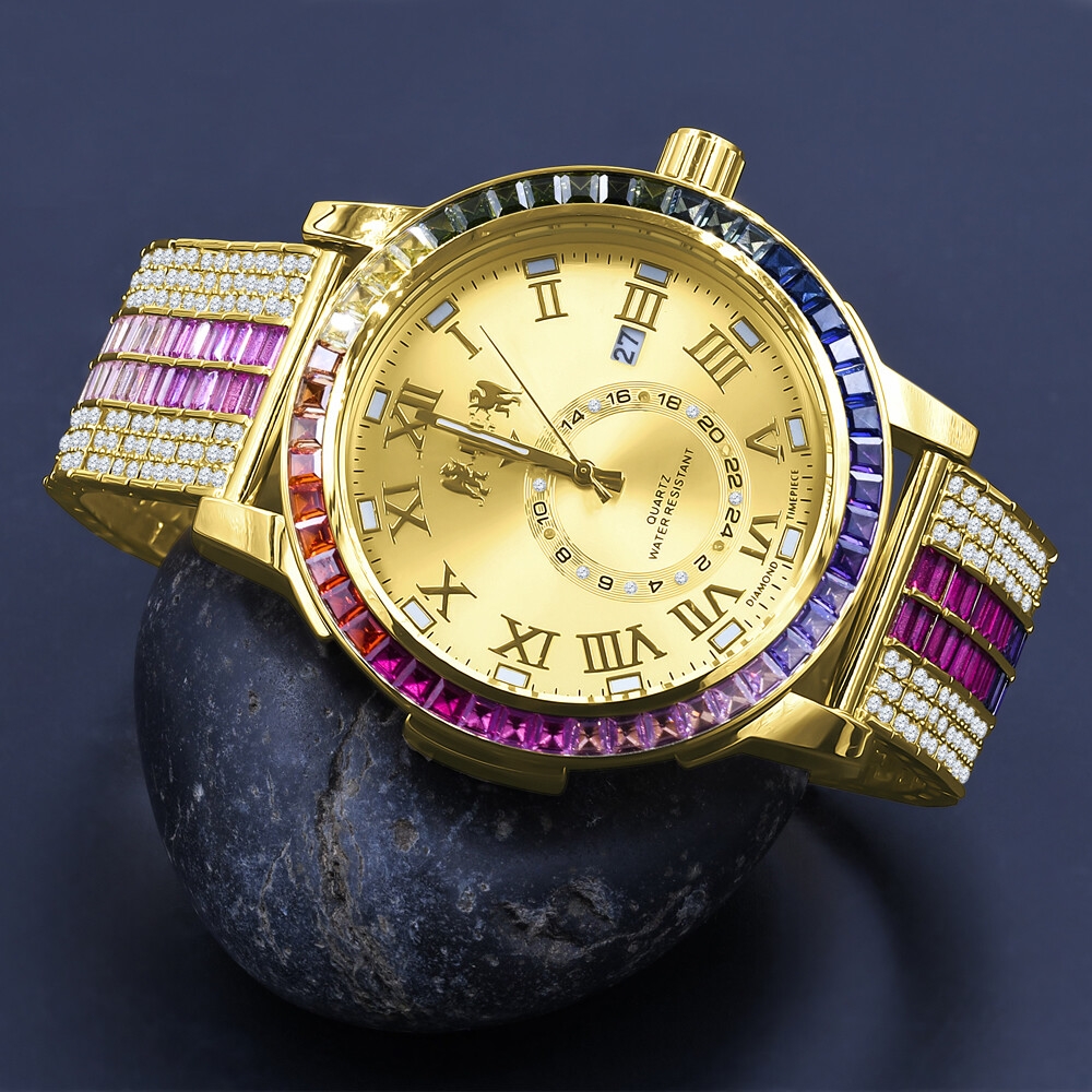Pre-owned Ice House Genuine Diamond Men's Yellow Gold Tone Baguette Rainbow Multi Dial Custom Watch