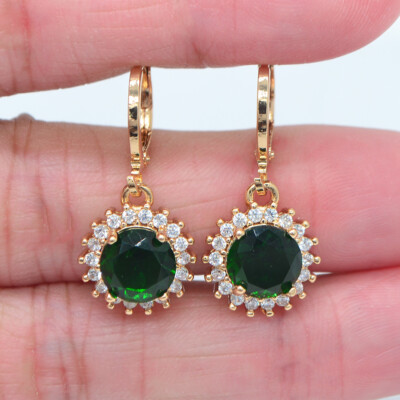 18K Yellow Gold Filled Women Green Mystic Topaz Halo Round Dangle Earrings