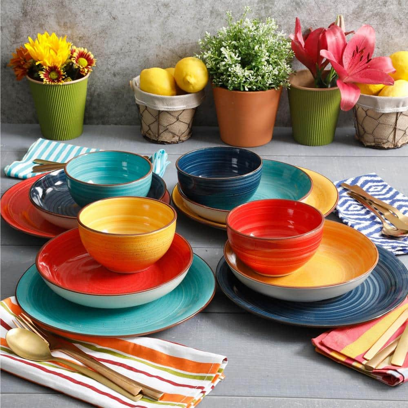 (Service for 4) Color Speckle 12-Piece Casual Assorted Colors Stoneware Dinnerwa