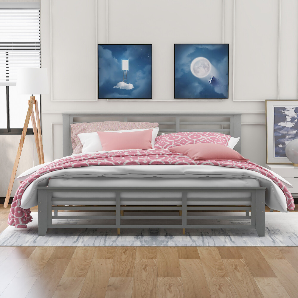 King Size Wooden Platform Bed Frame with Headboard No Box Spring Needed Gray US
