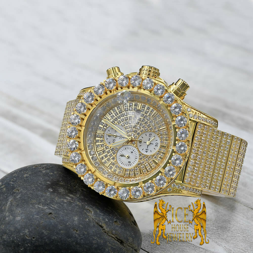 Pre-owned Blingmaster Mens Stainless Steel Gold Tone Jojino Joe Rodeo Lab Simulated Diamond Watch 48mm