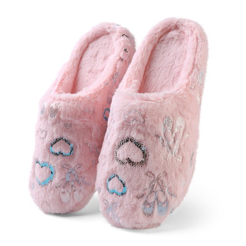 Details About Pink Women Slide On Fluffy Plush Fuzzy Love Heart Indoor Slippers Bedroom Shoes